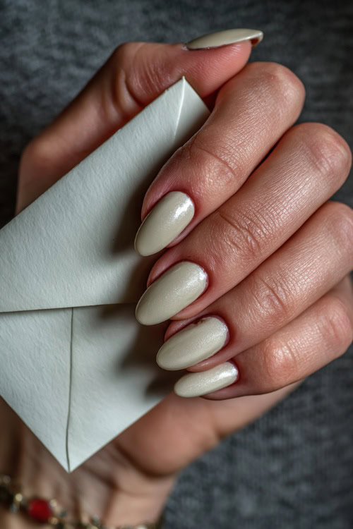 Close-up of hand placing handwritten vows in an envelope, oval nails in creamy ivory with shimmer topcoat and dainty floral decal on the thumb
