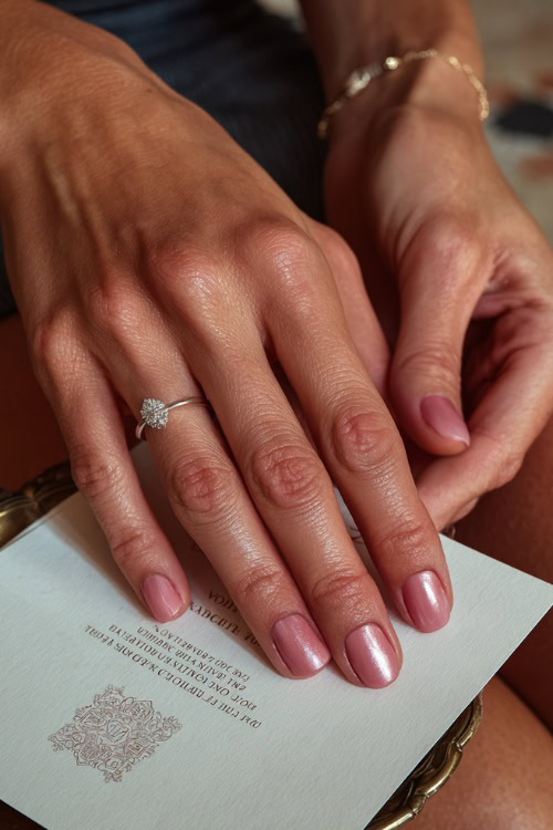 Close-up of hand placing wedding invitation on a tray, square nails in soft pink with glossy finish and delicate white floral stamping on the ring fingers 