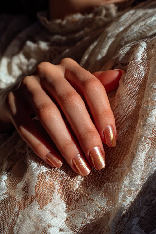 Close-up of hand resting on vintage lace fabric, square-shaped nails in pale peach with satin finish and delicate gold foil details