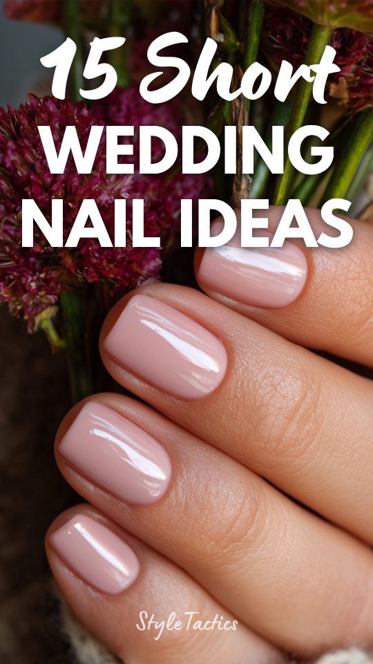 Close-up of pink glossy short wedding nails