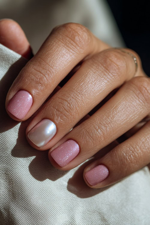 Elegant hand adjusting pearl earring, short square nails in pale pink with glossy finish and subtle glitter gradient toward the tips 