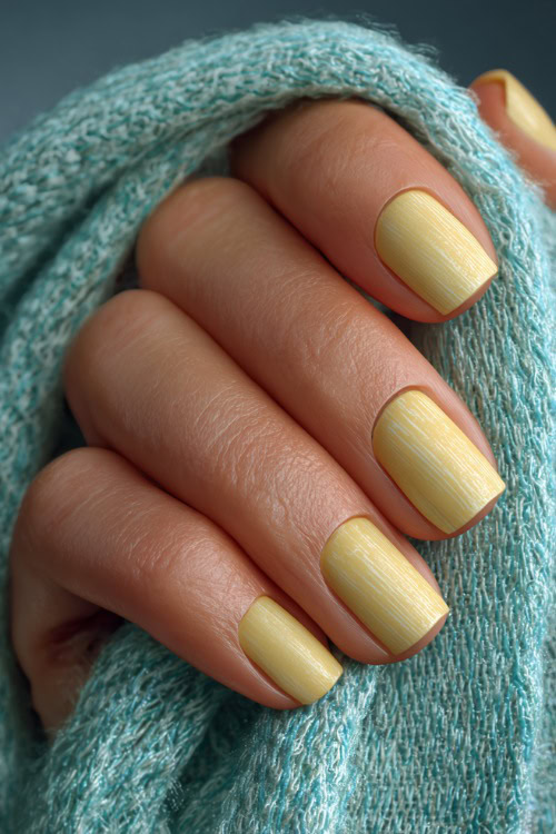 Guest’s fingers brushing soft silk fabric, short square nails in pastel yellow with glossy topcoat and delicate white line art on one nail