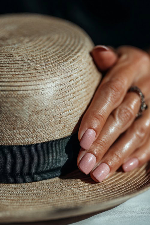 Guest’s hand placing a hat on a table, short ballerina nails in pastel coral with subtle glitter fade and a clear glossy finish 