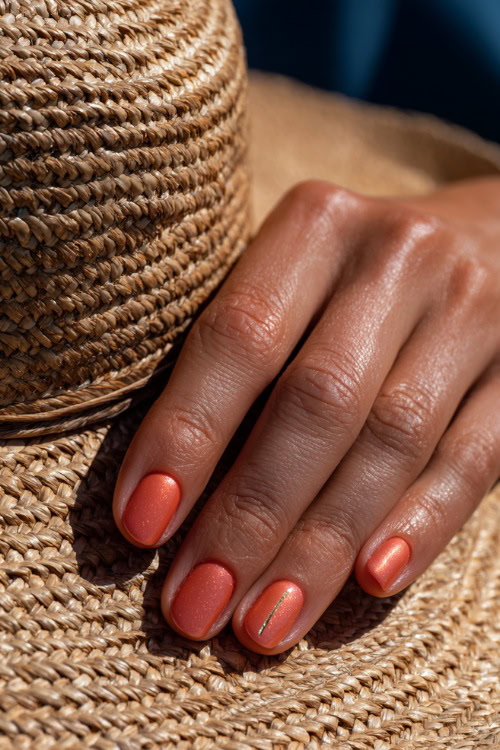 Guest’s hand resting on a sunhat, short square nails in soft coral with shimmer topcoat and minimalist gold lines near the cuticle