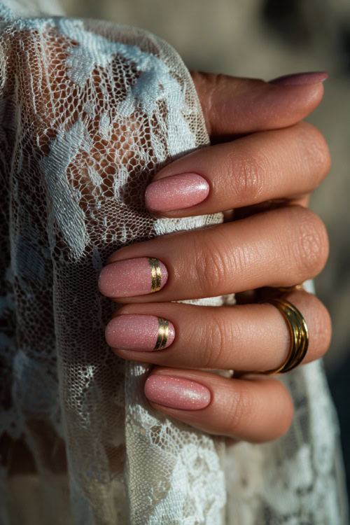 Hand brushing against vintage lace, short almond nails in pastel rose with shimmer overlay and delicate gold striping on two fingers 