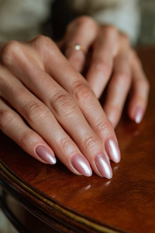 Hand brushing pearls on wedding table, short oval nails in soft peach with satin finish and subtle glitter gradient along the tips