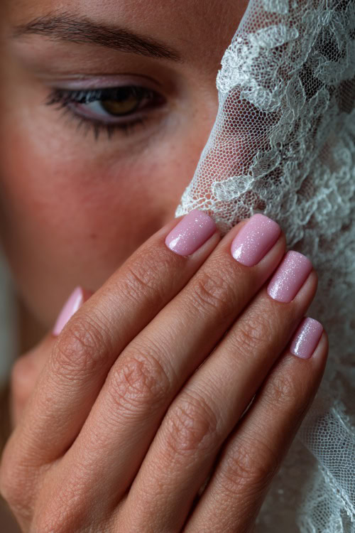 Hand gently lifting bridal veil, short square nails in pastel pink with fine silver shimmer and tiny crystal accents on the middle fingers 