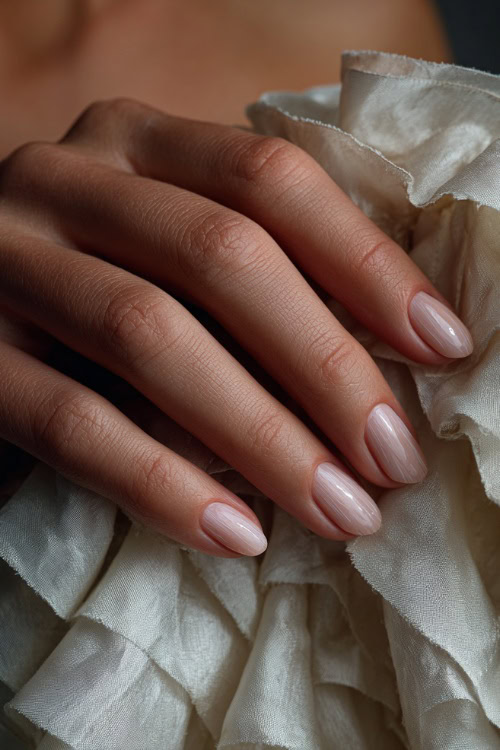Hand gently lifting the hem of a bridal gown, ballerina nails in pale peach with marble texture and clear glossy finish 