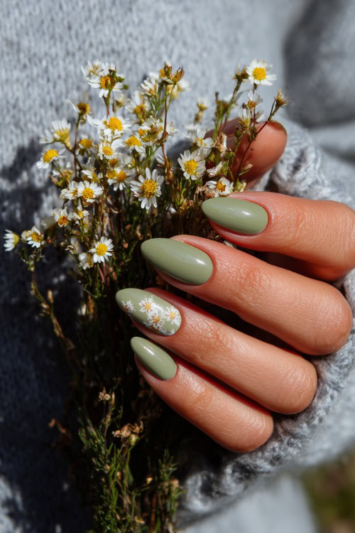 Hand holding a small bouquet of wildflowers, short almond nails in soft sage green with shimmer finish and dainty white floral accents 