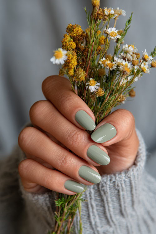 Hand holding a small bouquet of wildflowers, short almond nails in soft sage green with shimmer finish and dainty white floral accents 