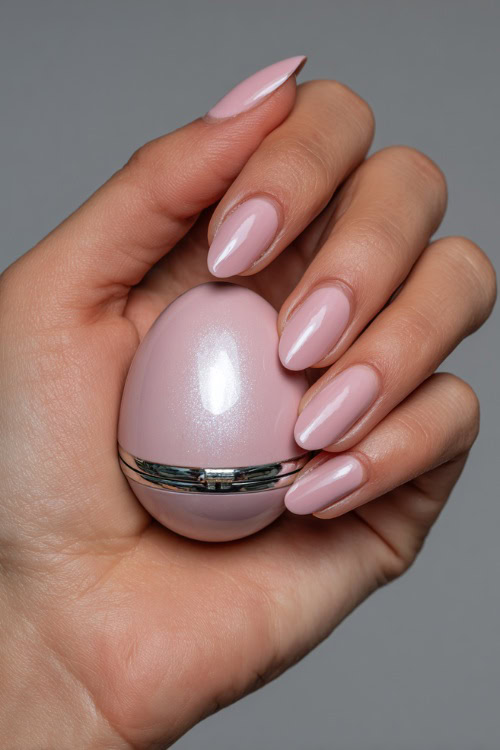 Hand holding a small wedding favor box, almond-shaped nails in pale rose with silver chrome linework along the center
