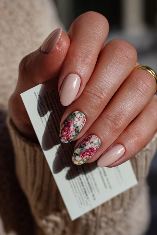 Hand holding a wedding invitation, short oval nails in sheer rose with a satin topcoat and delicate floral pattern on one nail 