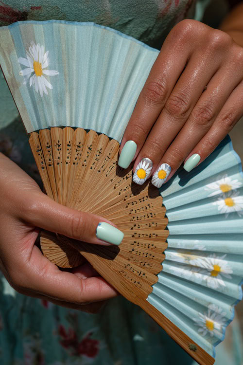 Hand holding a wedding program fan, medium almond nails in pastel mint green with chrome French tips and one accent nail featuring daisy art 
