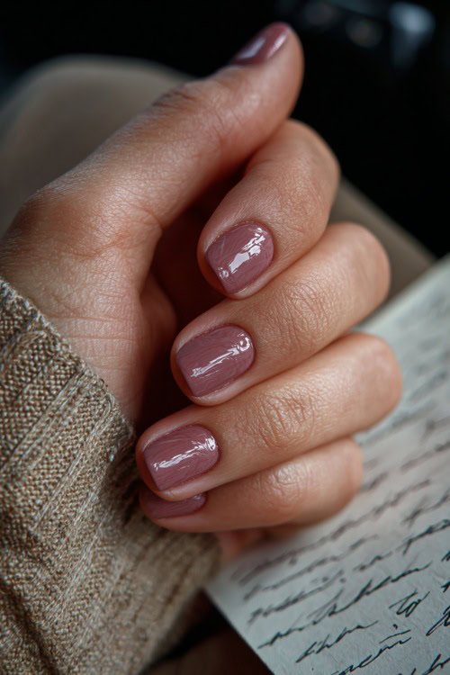 Hand holding handwritten vows, short square nails in soft mauve with glossy finish and minimal white swirl accents