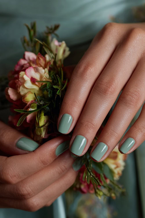 Hand placing a corsage on the wrist, short square nails in pastel sage green with matte finish and subtle shimmer accents