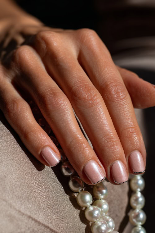 Hand resting beside pearl jewelry, short square nails in creamy pink with a chrome topcoat and minimalist silver dots along the base