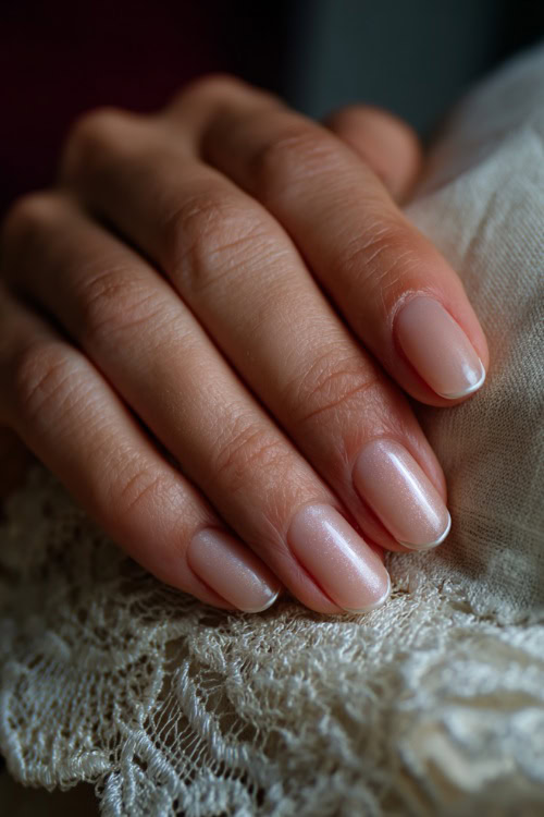 Hand resting on a lace-trimmed pillow, short almond nails in soft rose with a shimmer topcoat and minimalist pearl line at the cuticle