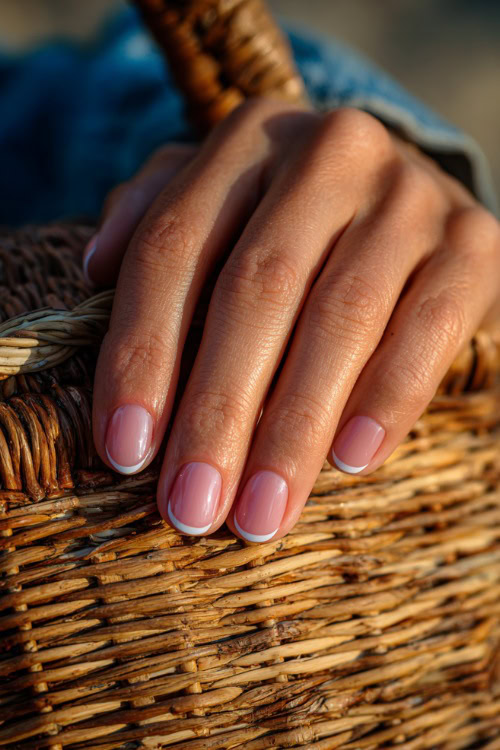 Hand resting on woven picnic basket, short oval nails in soft pink-beige with chrome French tips and minimalist dot accents near the base 