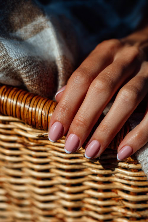 Hand resting on woven picnic basket, short oval nails in soft pink-beige with chrome French tips and minimalist dot accents near the base 