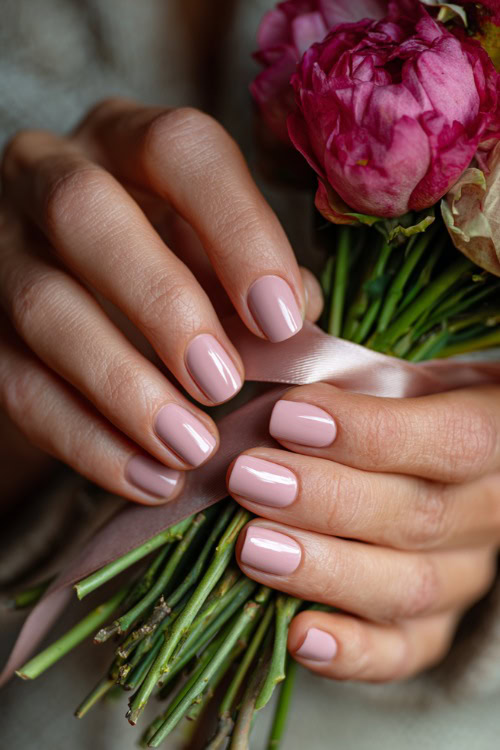 Hand tying ribbon on bouquet, short square nails in pastel pink with a satin topcoat and delicate floral stamping on two finger