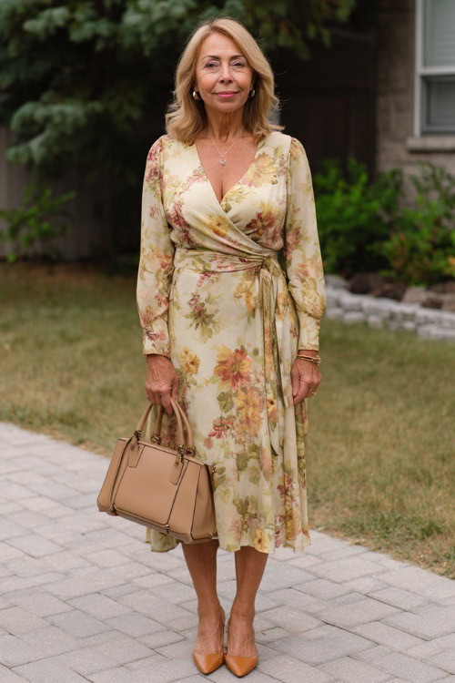 A woman over 50 in a soft floral print wrap dress with long sleeves and a midi hem, styled with tan kitten heels and a structured handbag 