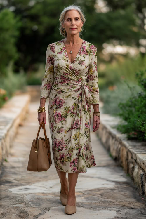 A woman over 50 in a soft floral print wrap dress with long sleeves and a midi hem, styled with tan kitten heels and a structured handbag