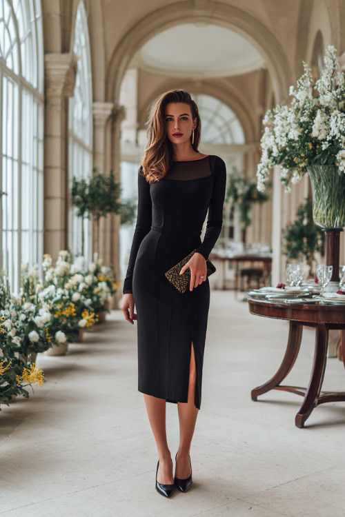 Classy woman in a black long-sleeve midi dress with a sheer neckline and modest slit, paired with polished black pumps and a clutch bag