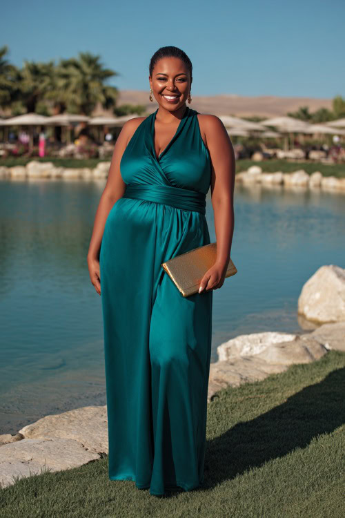 Confident plus-size woman in a sleeveless satin maxi wedding guest dress in emerald green with a wrap waist, gold clutch in hand, posing beside a lake at a resort wedding