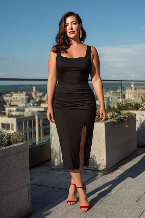 Confident plus-size woman wearing a sleek sleeveless midi dress in classic black with a defined waist and slit, paired with red heels, posing at a modern city wedding rooftop with skyline view