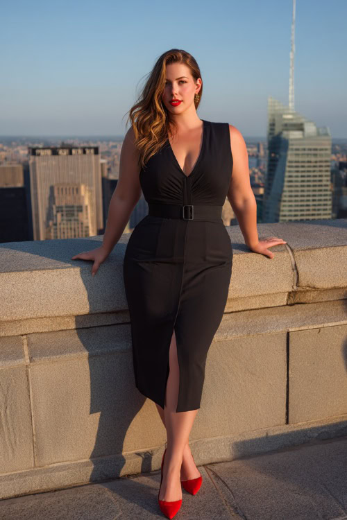 Confident plus-size woman wearing a sleek sleeveless midi dress in classic black with a defined waist and slit, paired with red heels