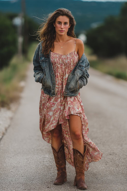 Confident woman in a flowy floral asymmetrical dress with side slit, denim jacket draped over shoulders, and worn-in brown cowboy boots, standing at a country road wedding setup 
