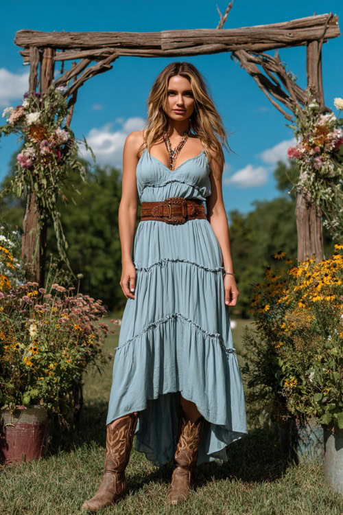 Confident woman in a light blue tiered boho-style maxi dress with a brown leather belt and distressed cowboy boots, posing near a wooden wedding arch surrounded by wildflowers