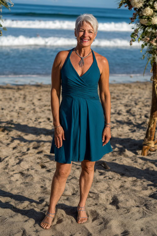 Confident woman over 50 wearing a sleeveless cocktail wedding guest dress in deep teal, knee-length hem, simple silver jewelry, strappy heels