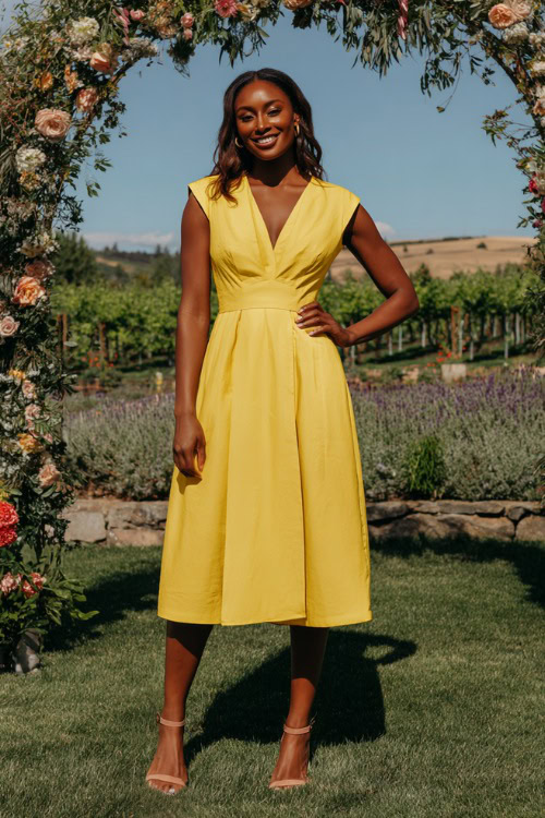 Confident woman wearing a bright yellow A-line midi dress with cap sleeves, a cinched waist, and open-toe sandals, standing under a floral wedding arch in an outdoor garden