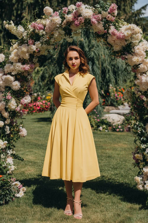 Confident woman wearing a bright yellow A-line midi dress with cap sleeves, a cinched waist, and open-toe sandals