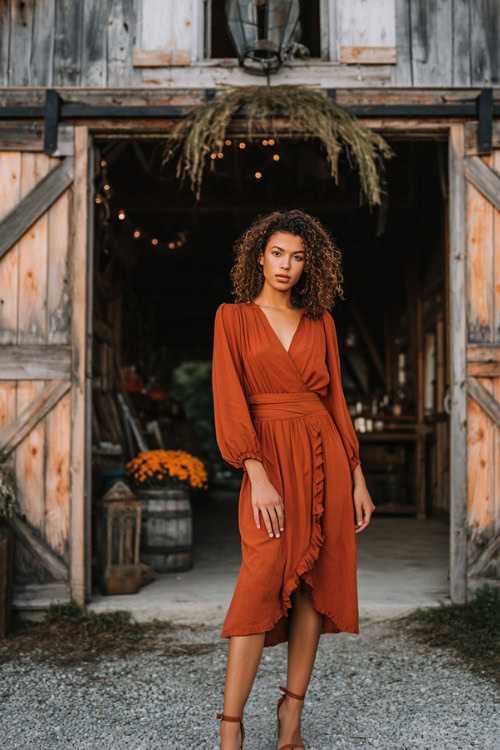 Confident woman wearing a rust-colored midi dress with ruffle trim, long sleeves, and strappy heels, standing in front of a vintage barn decorated for a fall wedding 