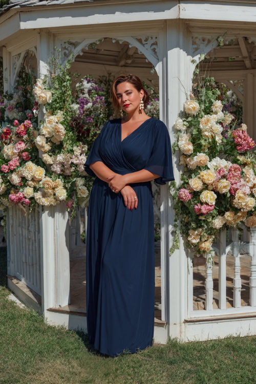 Elegant plus-size woman in a deep navy blue chiffon A-line dress with flutter sleeves and a V-neckline, accessorized with pearl earrings and heels 