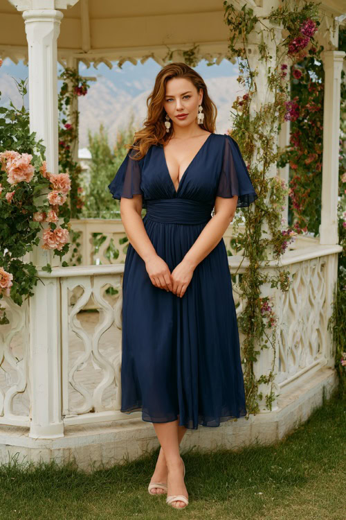 Elegant plus-size woman in a deep navy blue chiffon A-line dress with flutter sleeves and a V-neckline, accessorized with pearl earrings and heels