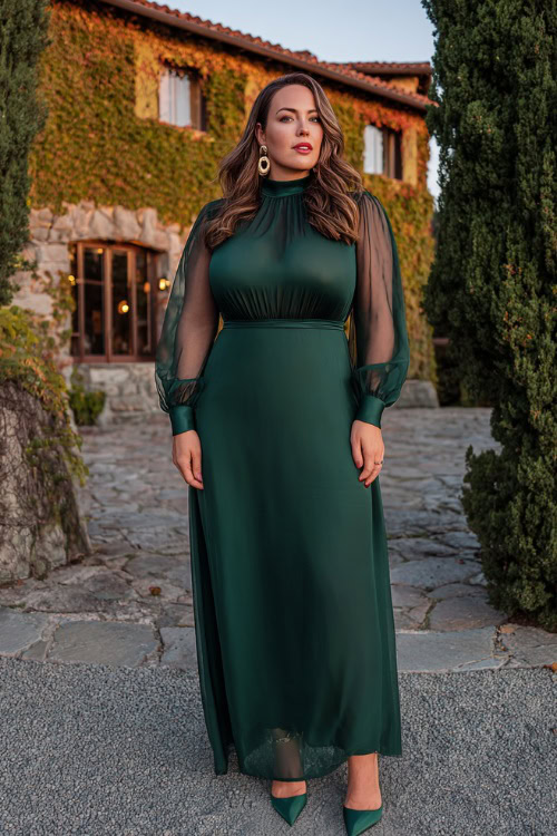 Elegant plus-size woman in a high-neck dark green maxi dress with sheer long sleeves, metallic accessories, and block heels, posing in front of an ivy-covered estate venue 