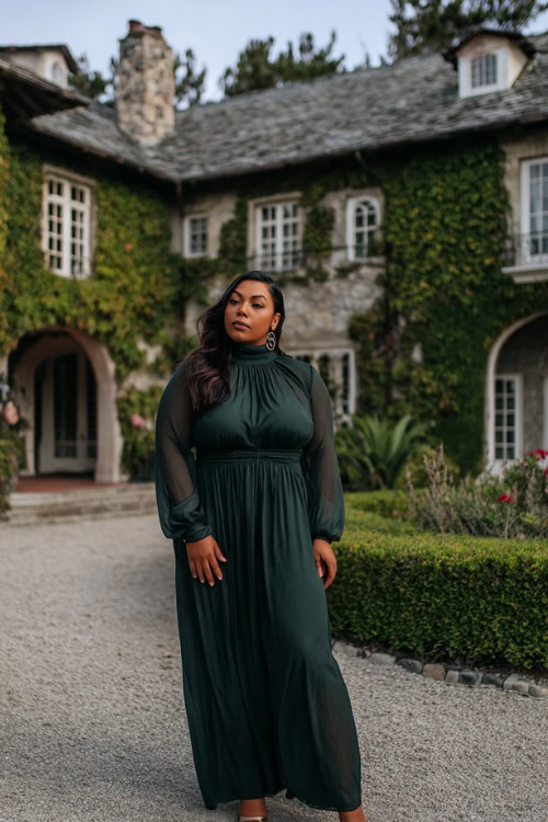 Elegant plus-size woman in a high-neck dark green maxi dress with sheer long sleeves, metallic accessories, and block heels, posing in front of an ivy-covered estate venue 