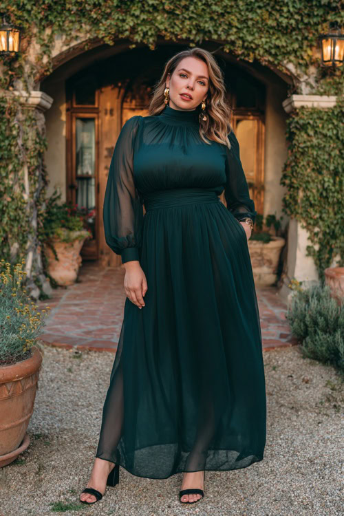 Elegant plus-size woman in a high-neck dark green maxi dress with sheer long sleeves, metallic accessories, and block heels, posing in front of an ivy-covered estate venue
