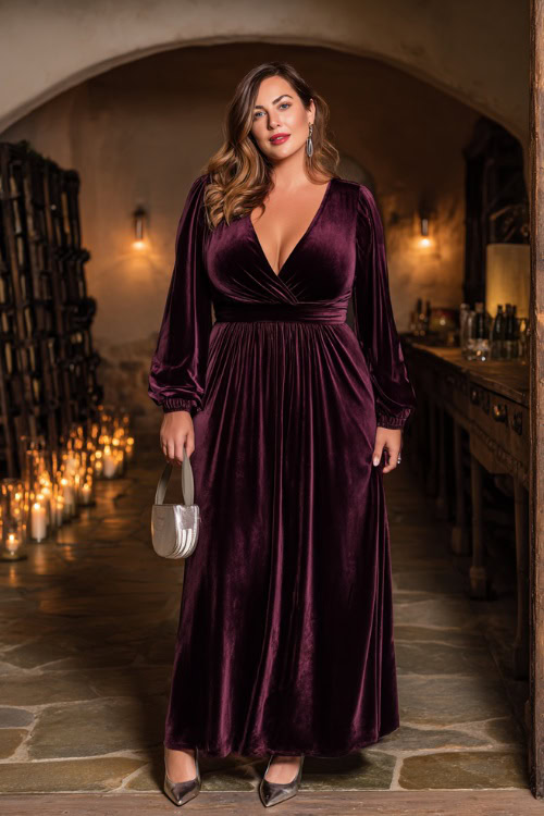 Elegant plus-size woman in a plum velvet A-line dress with long sheer sleeves, paired with silver pumps and a small handbag, standing in an indoor wedding venue with candlelight 
