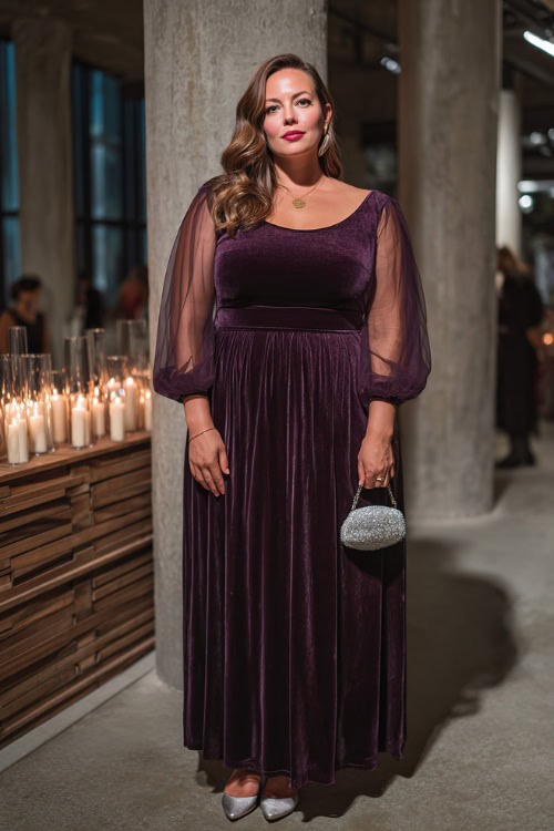 Elegant plus-size woman in a plum velvet A-line dress with long sheer sleeves, paired with silver pumps and a small handbag, standing in an indoor wedding venue with candlelight