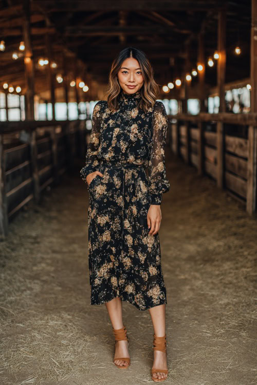 Elegant woman in a dark floral mock neck midi dress with sheer long sleeves and tan block heels, posing under hanging lights at an outdoor barn wedding 