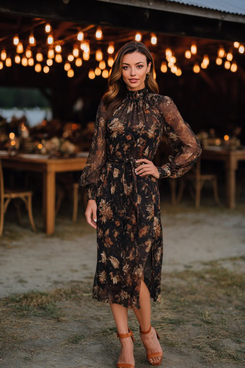 Elegant woman in a dark floral mock neck midi dress with sheer long sleeves and tan block heels, posing under hanging lights at an outdoor barn wedding 