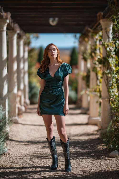 Elegant woman in a short-sleeve satin wedding guest dress in deep green, styled with black cowboy boots, standing under a decorated pergola at a Western-inspired wedding, full body visible