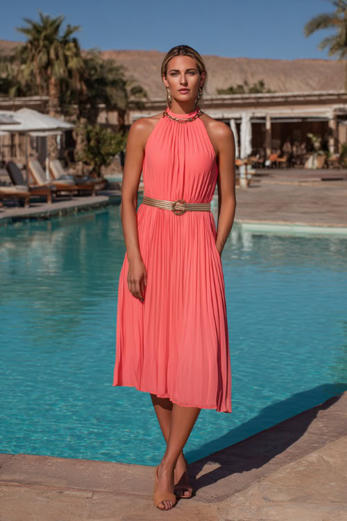 Elegant woman in a sleeveless pleated midi wedding guest dress with belt detail, coral pink color, minimal jewelry, and block heels