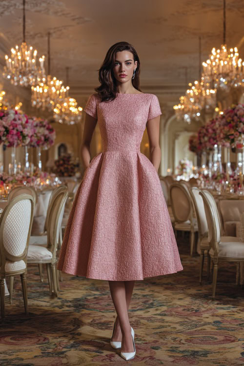Elegant woman in a structured tea-length pink jacquard dress with short sleeves and floral texture