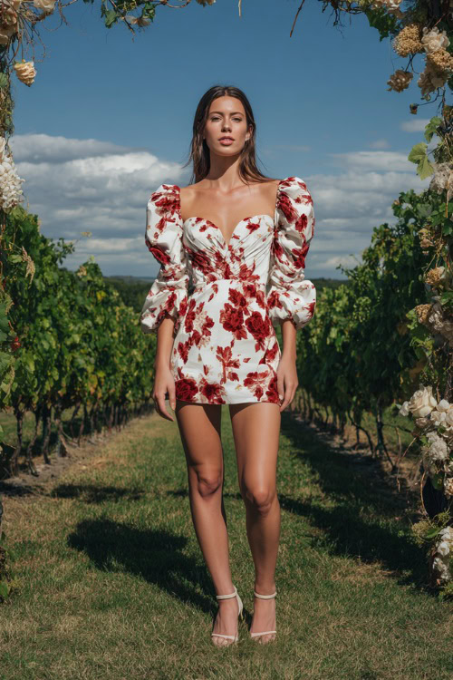 Elegant woman in a white and red floral print mini dress with puff sleeves and sweetheart neckline, paired with classic sandals, standing beside a vineyard wedding altar