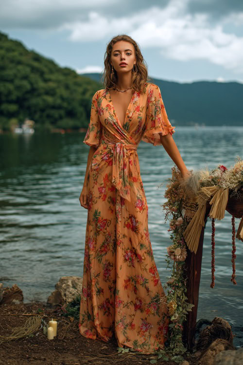 Elegant woman in a wrap-style chiffon maxi dress with flutter sleeves and a floral print, posing next to a decorated wooden altar by a lake, full body visible 